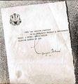 En la gráfica podemos ver una nota del Obispo de Valencia en 1947, Mons. Gregorio Adam, firmado de su puño y letra y donde se aprecia el Escudo de su Obispado.