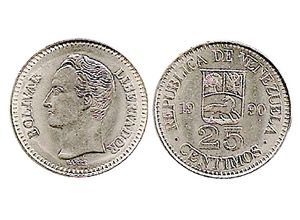 Moneda de 25 centimos de Bolivar de 1990.jpg