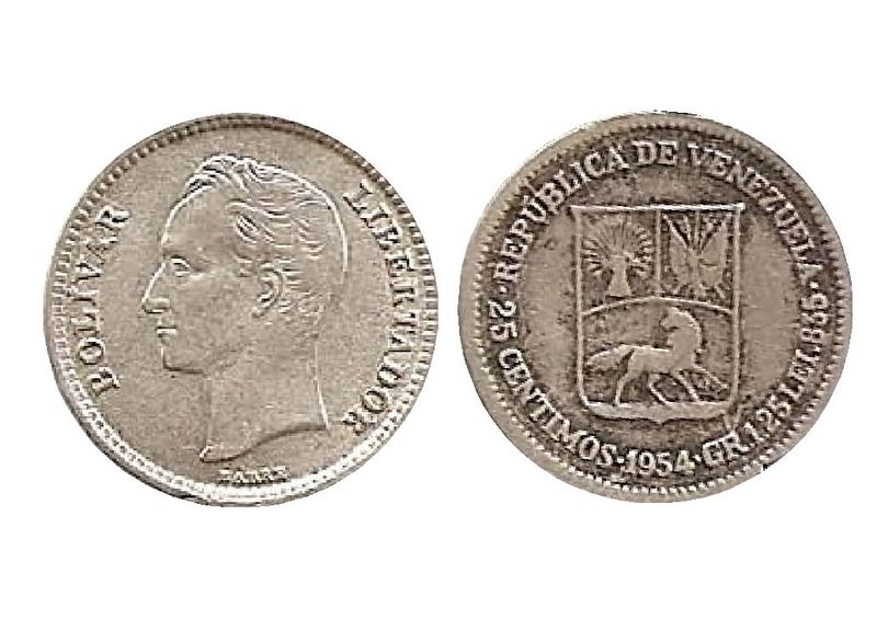 Archivo:Moneda de 25 centimos de Bolivar de 1954.jpg